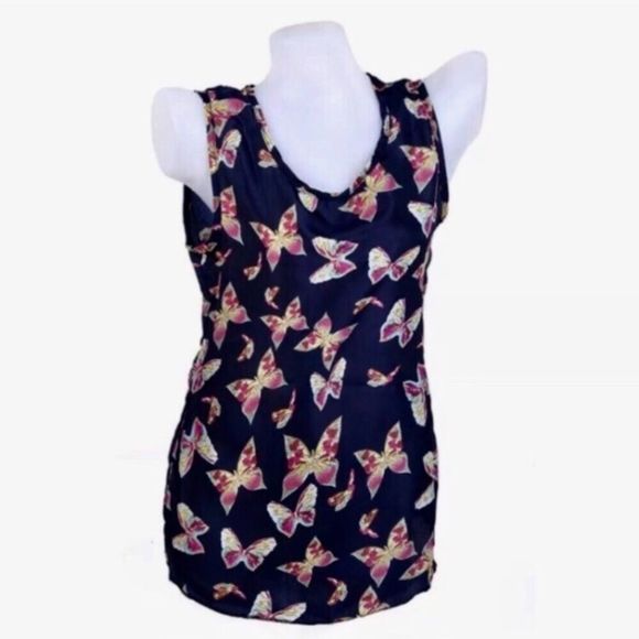 Sleeveless Navy Blue Butterfly Print Chiffon Top M-XL - Picture 6 of 8